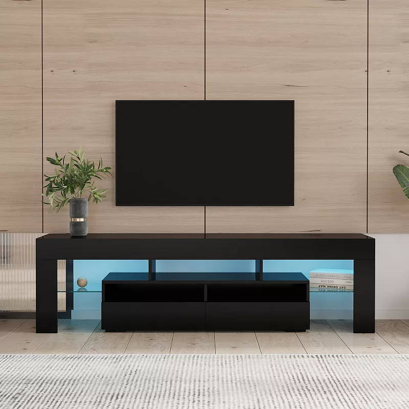 FC Design Living Room Furniture TV Stand Cabinet with 2 Drawers and 2 open shelves，20-color RGB LED lights with remote，Black