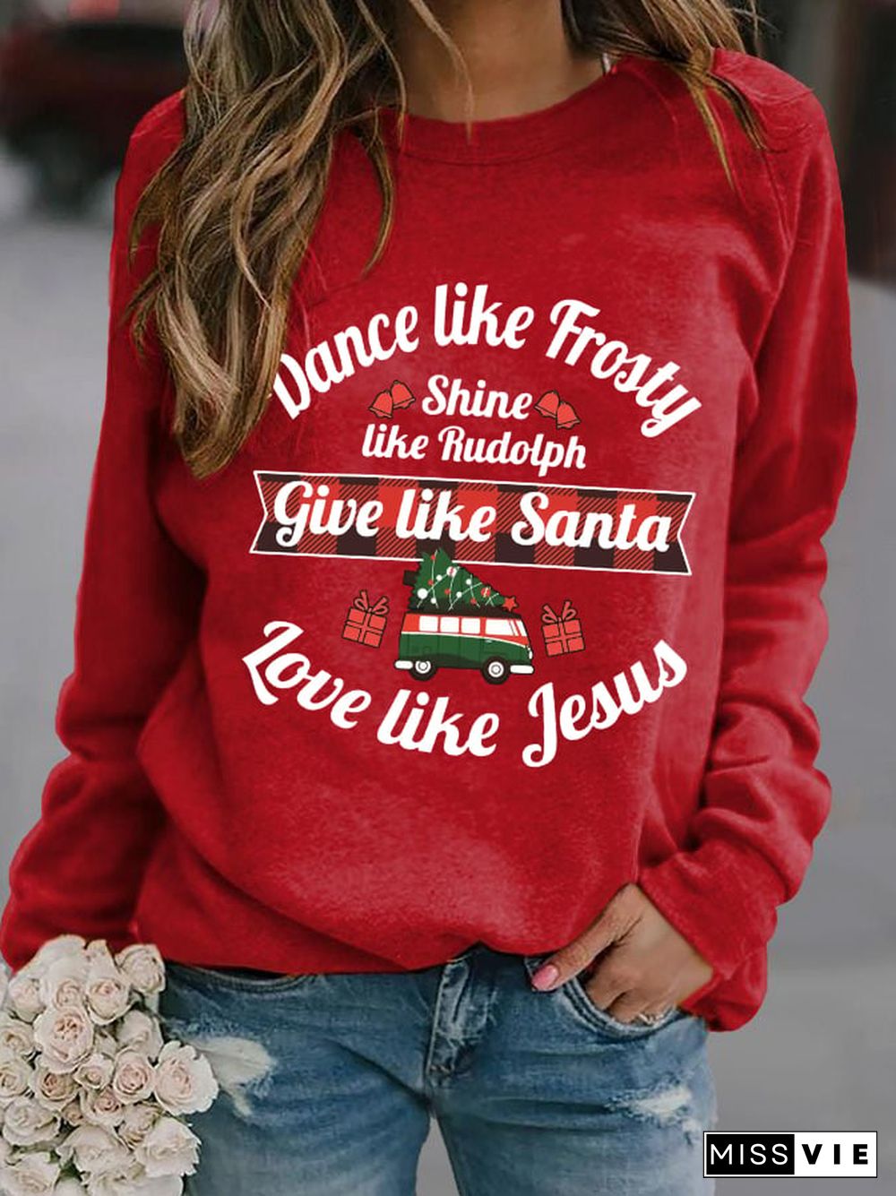 Women's Dance Like Frosty, Shine Like Rudolph, Give Like Santa Love Like Jesus Print Long Sleeve Sweatshirt