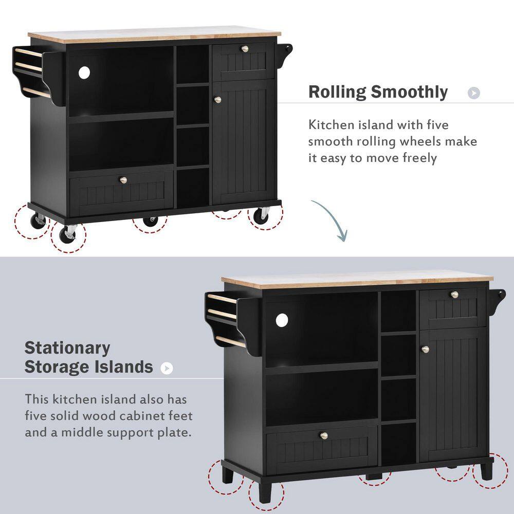 Black 50.8 in. W x 18.1 in. D x 36.2 in. H Kitchen Island Cart with Storage Cabinet and 2-Locking Wheels Kislandblac707