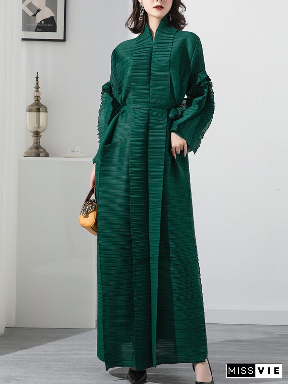 Casual Long Sleeves Loose Tied Pleated Stand Collar Midi Dresses