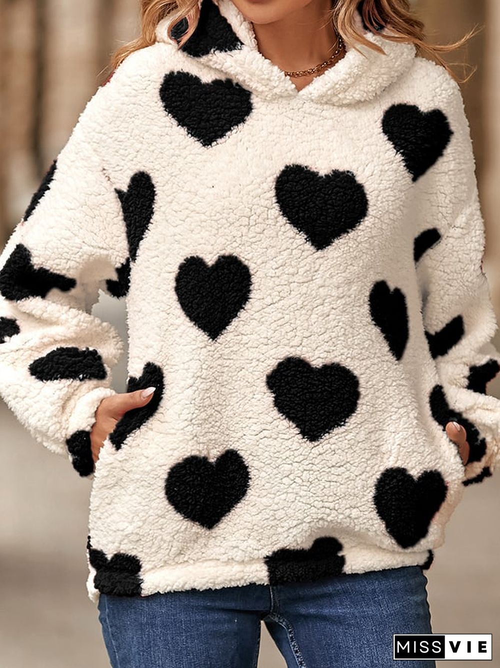 Women's Fashion Loose Pocket Love Print Plush Hoodie