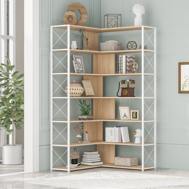 L Shaped 7 Tier Corner Bookshelf and Bookcase