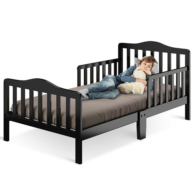 Classic Design Kids Wood Toddler Bed Frame with Two Side Safety Guardrails