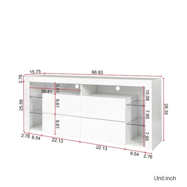 White Modern LED TV Cabinet with 4 Storage Drawers and Open Shelves - 67Wx16Dx28H