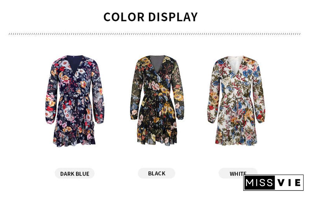 V-neck Long Sleeve Chiffon Printed Dress