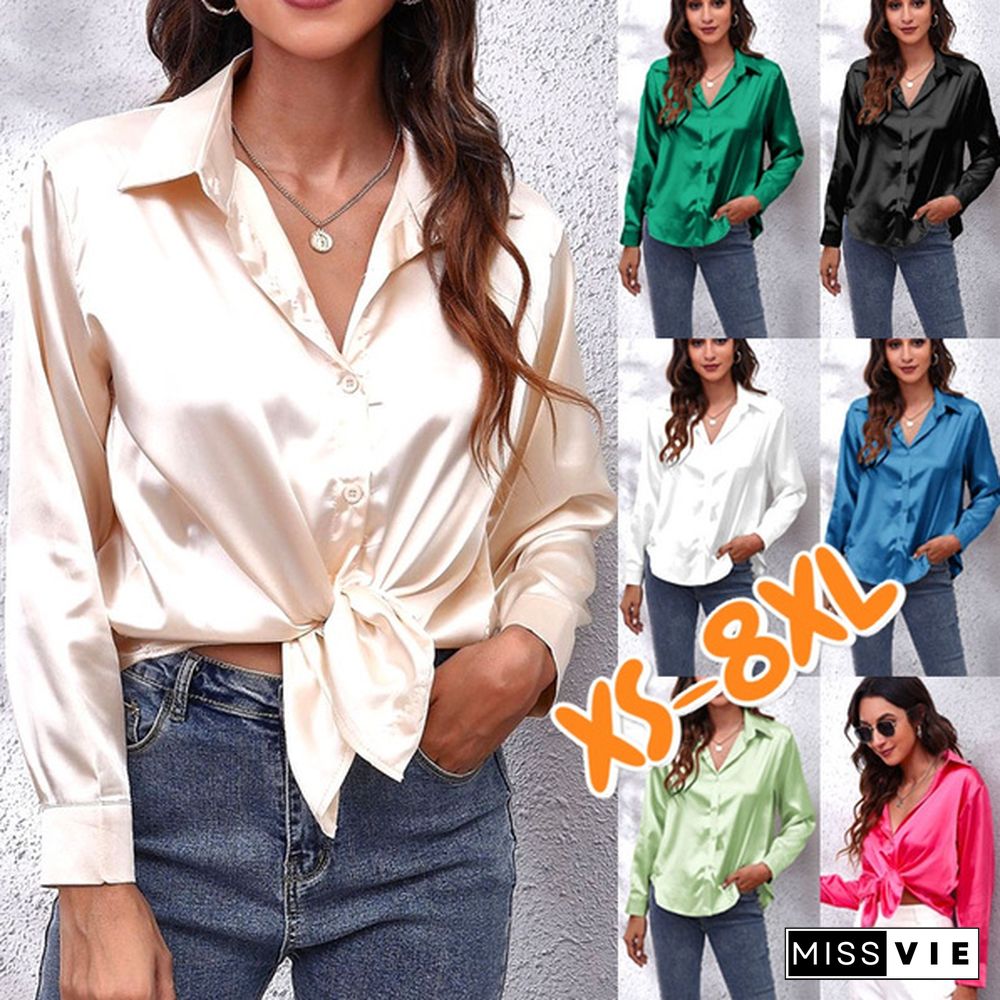 XS-8XL Spring Summer Tops Plus Size Fashion Clothes Women's Casual Long Sleeve Chiffon Blouses Ladies Deep V-neck Solid Color Turn Down Collar Loose Satin Tops