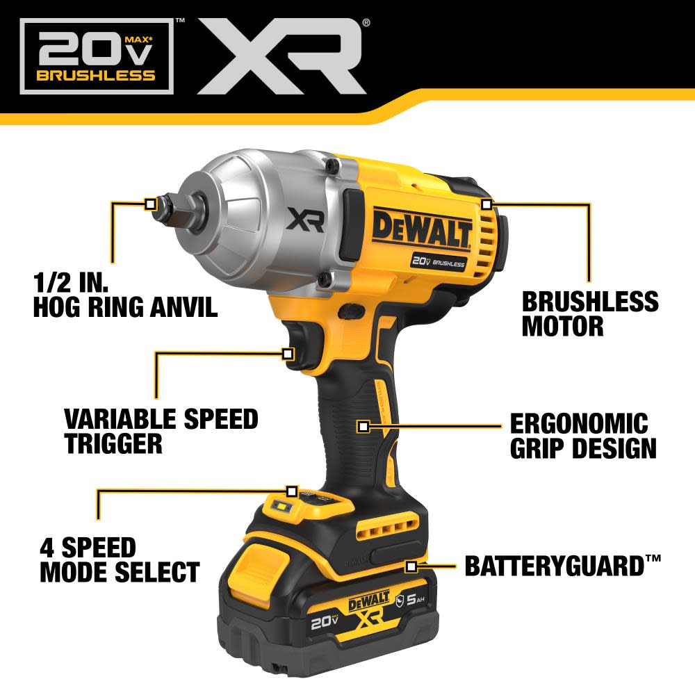 DEWALT 20V MAX XR 1/2 High Torque Impact Wrench with Hog Ring Anvil Kit