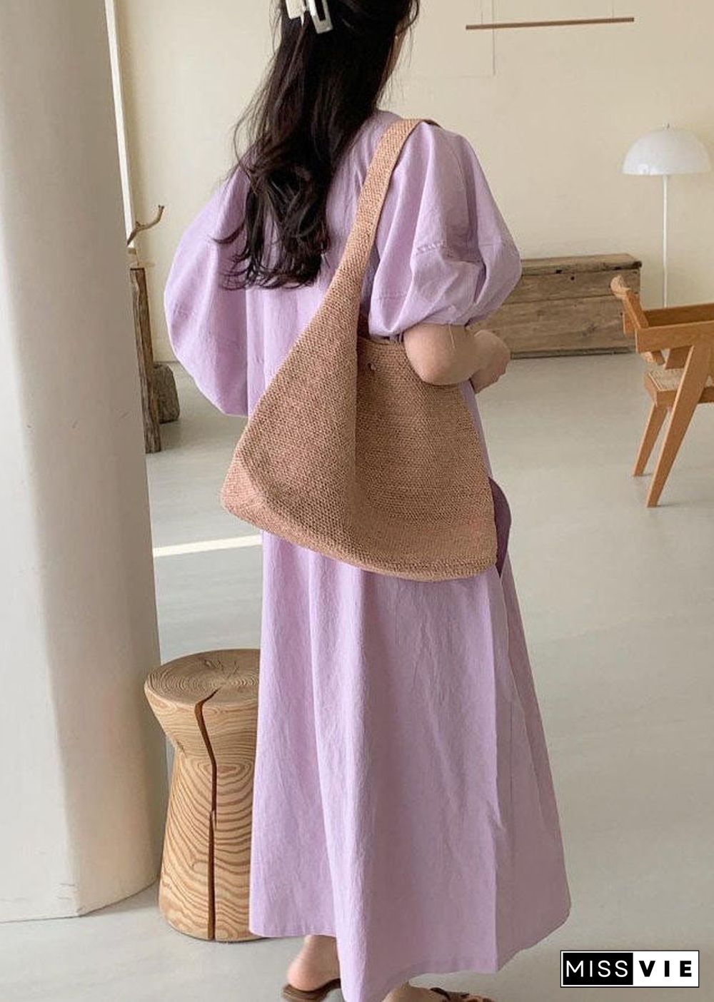 DIY Purple Cotton Casual Maxi Dresses Short Sleeve