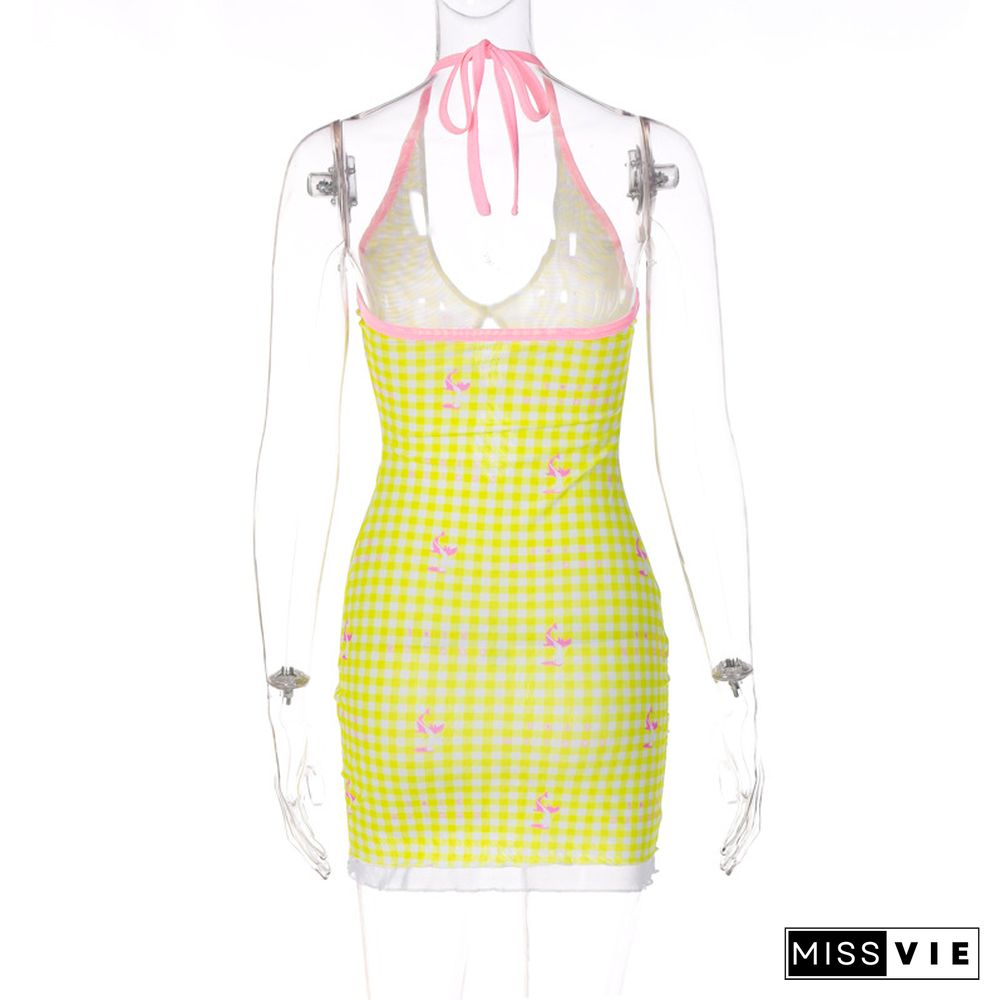 New Lace-up Halterneck Open-back Gingham Print Dress