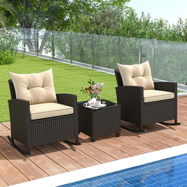 Costway 3 PCS Patio Wicker Rocking Set with Tempered Glass Table and