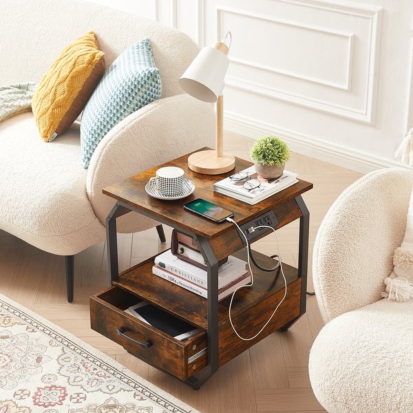 End table Side table with Charging Station，sofa side table with drawers， bedside table for bedroom.