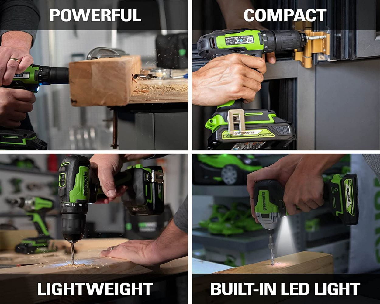 Greenworks 24V Brushless Drill/Driver + Impact/Driver Combo Kit， (2) USB (Power Bank) Batteries， Charger， (2) Driving Bits， and Tool Bag， 1307502AZ