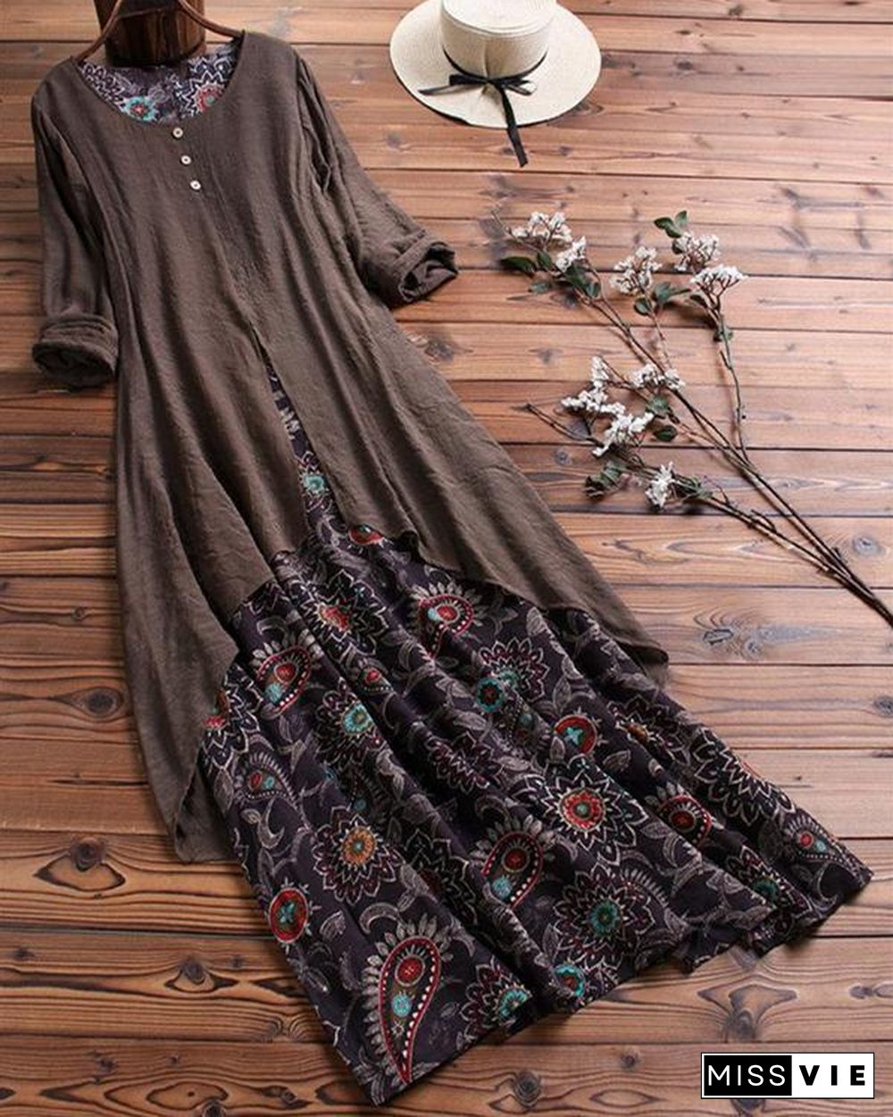 Vintage Printed Long Sleeve Crew Neck Patchwork Maxi Dresses