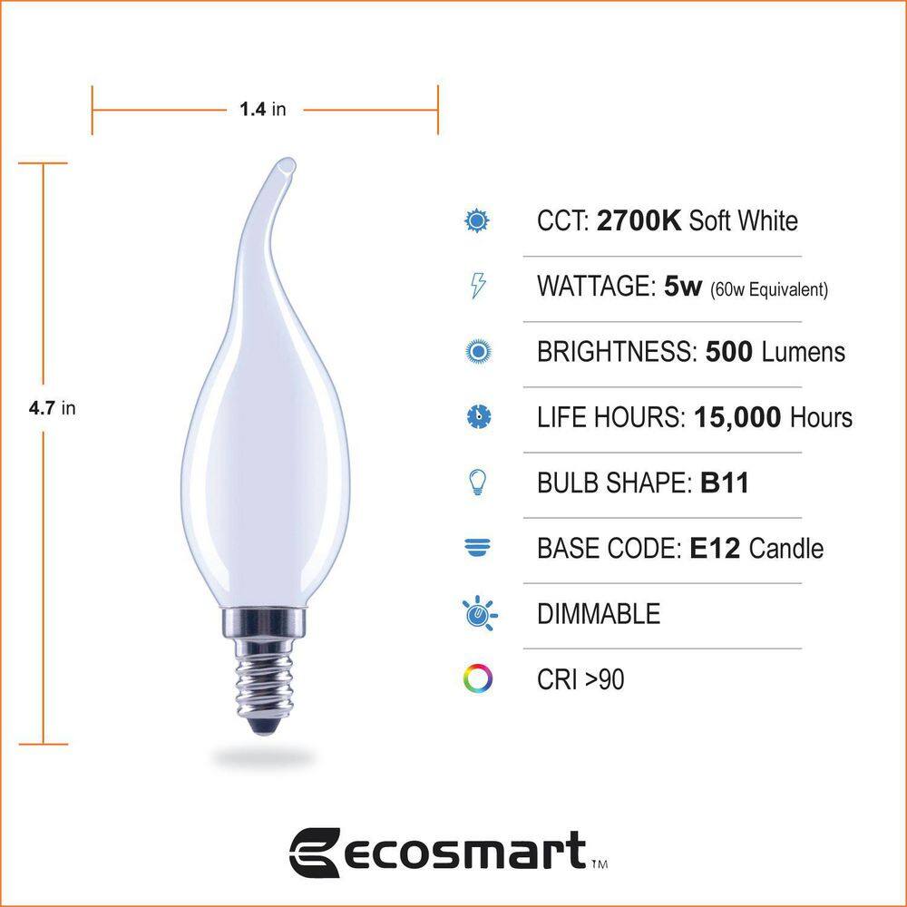 EcoSmart 60-Watt Equivalent B11 Dimmable E12 Candelabra Frosted Glass LED Vintage Edison Light Bulb Soft White (3-Pack) FG-04194