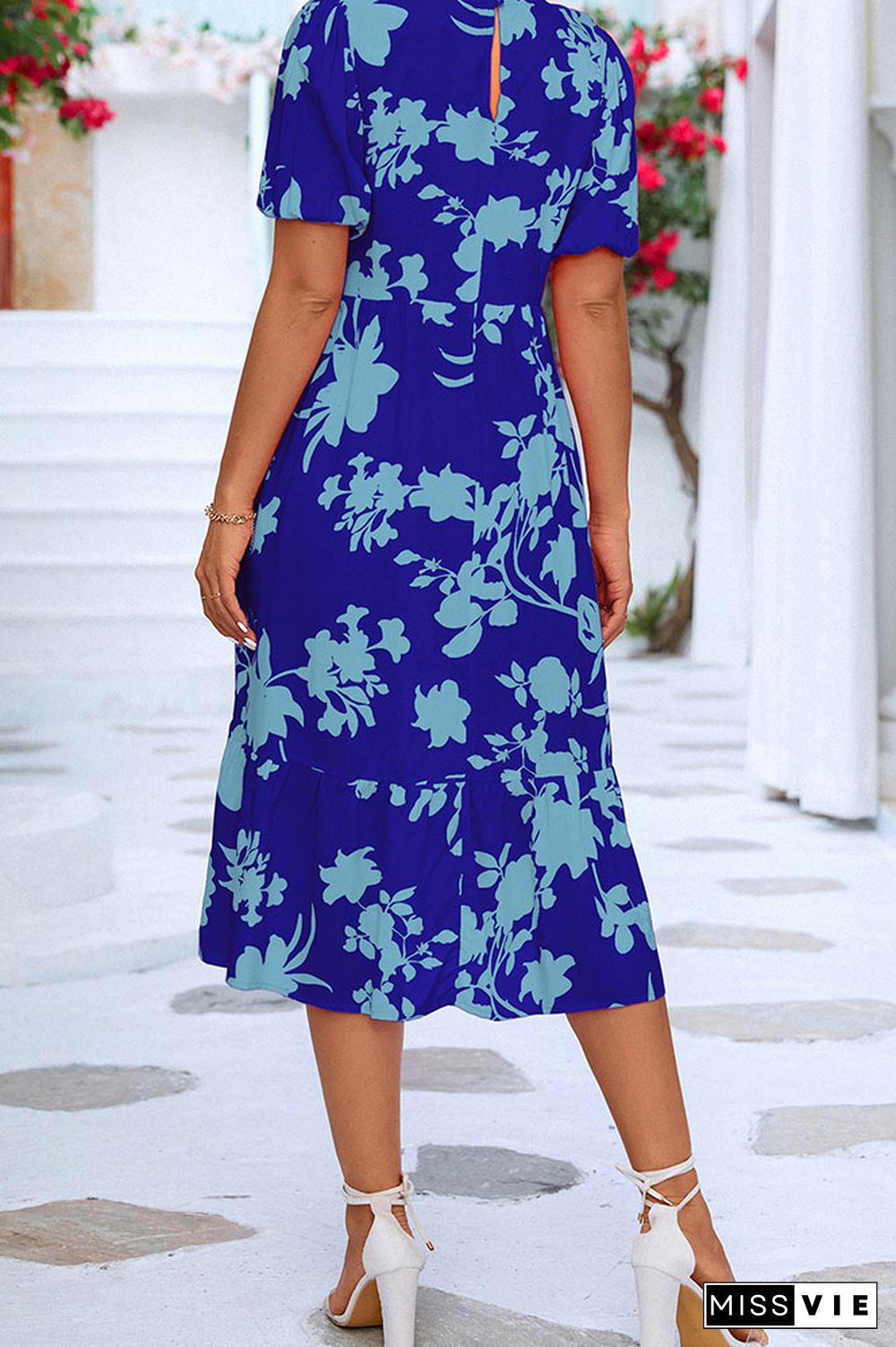 Round Neck Pleated Floral Midi Dress