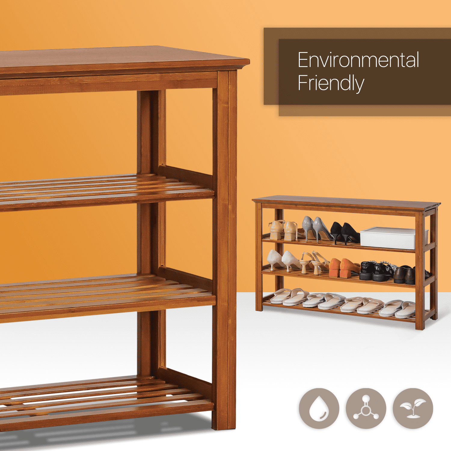 MoNiBloom Bamboo 4 Tiers 12 Pairs Shoes Rack， Organizer Stand， Large Surface for Bags， Brown， for Entryway