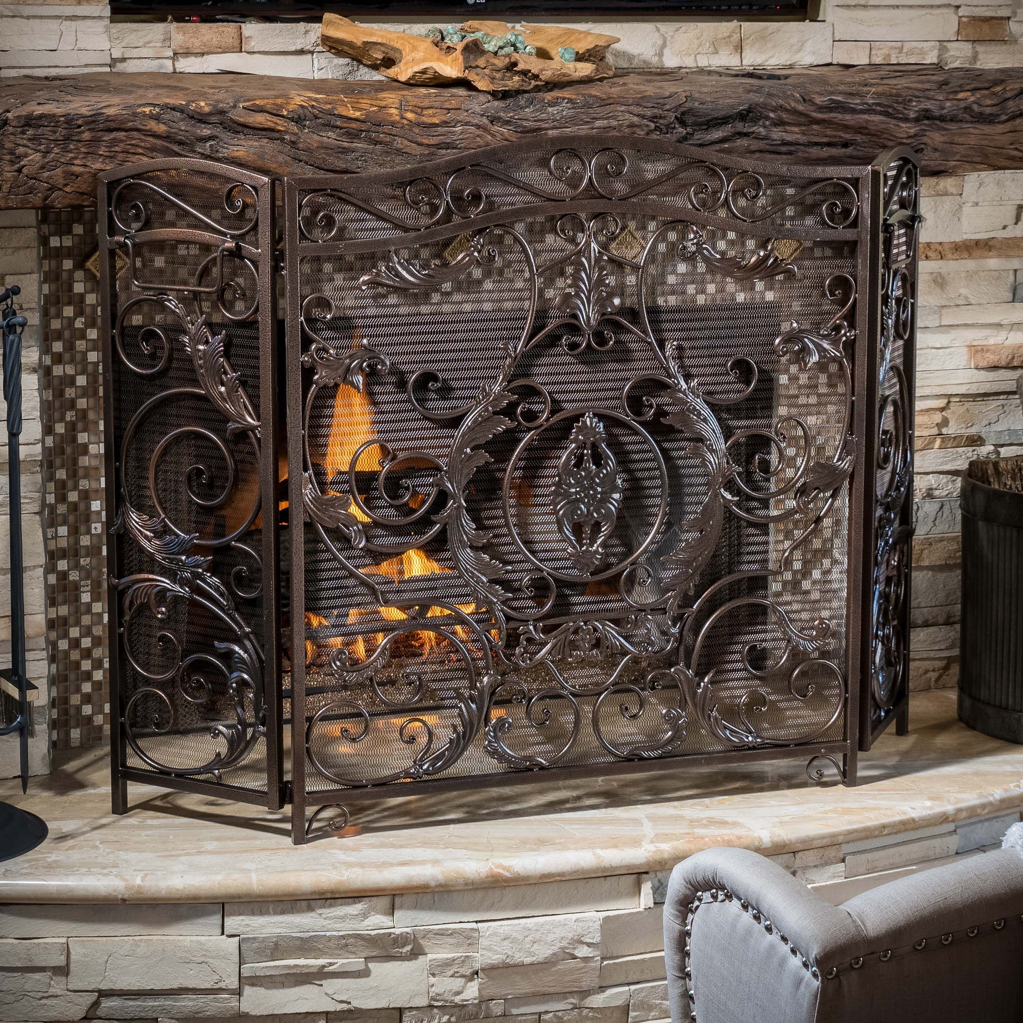 Waterbury Traditional Iron Fireplace Screen, Gold on Black