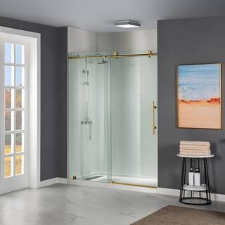 WOODBRIDGE Suffield 44 in. to 48 in. x 76 in. Frameless Sliding Shower Door with Shatter Retention Glass in Brass Gold HSD3604