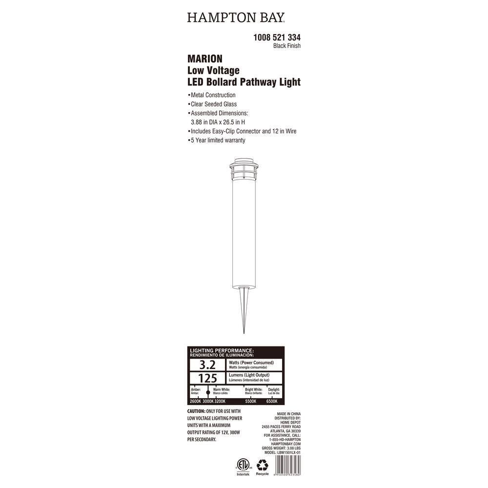 Hampton Bay Marion 20''H Black Low Voltage LED Bollard Path Light with Seeded Glass LBW1501LX-01