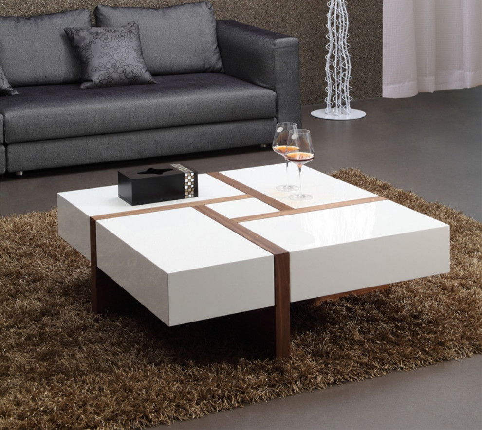 Modern White and Walnut Square Coffee Table with Storage   Transitional   Coffee Tables   by HomeRoots  Houzz