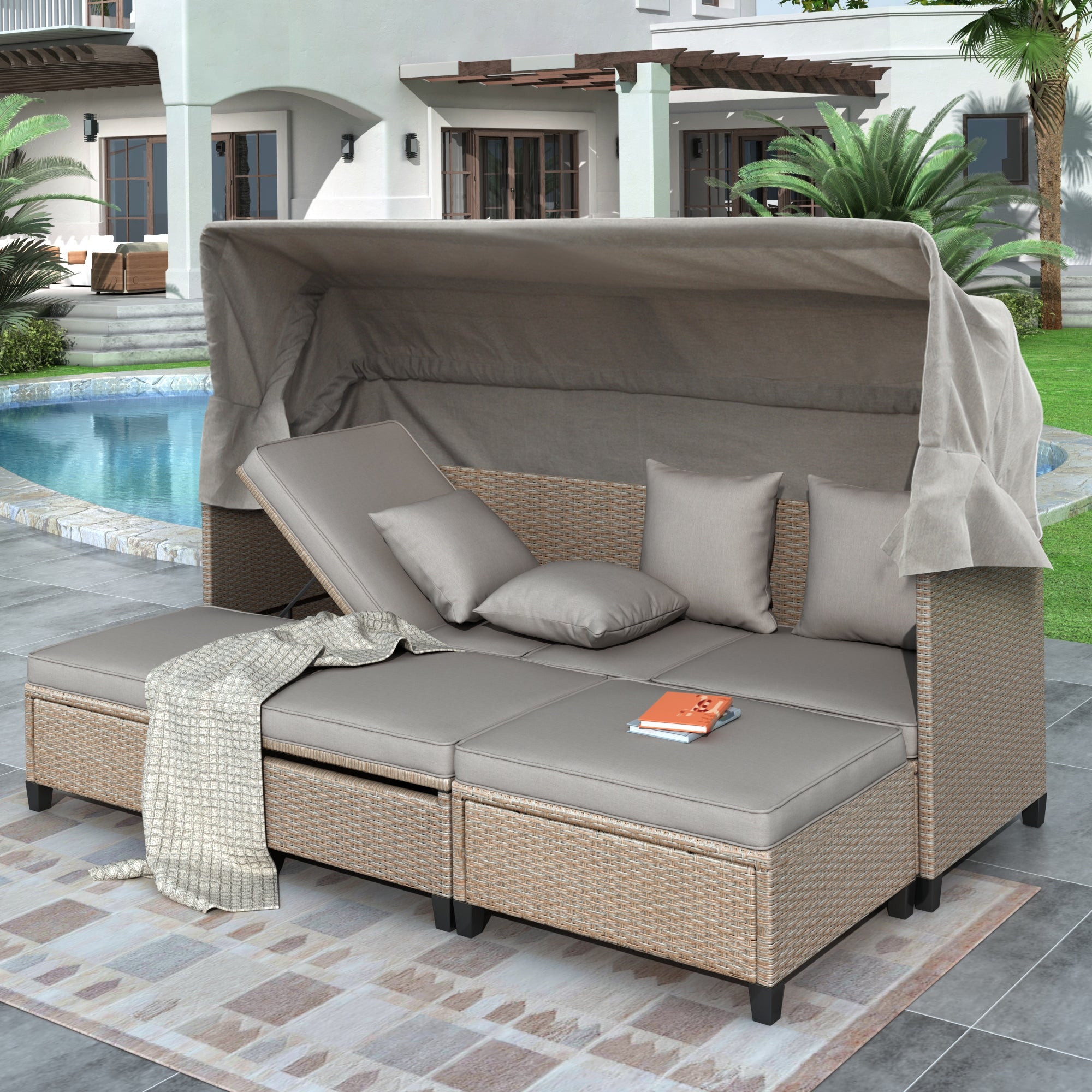 4 Piece UV-Proof Resin Wicker Patio Sofa Set with Retractable Canopy - Overstock - 35379046