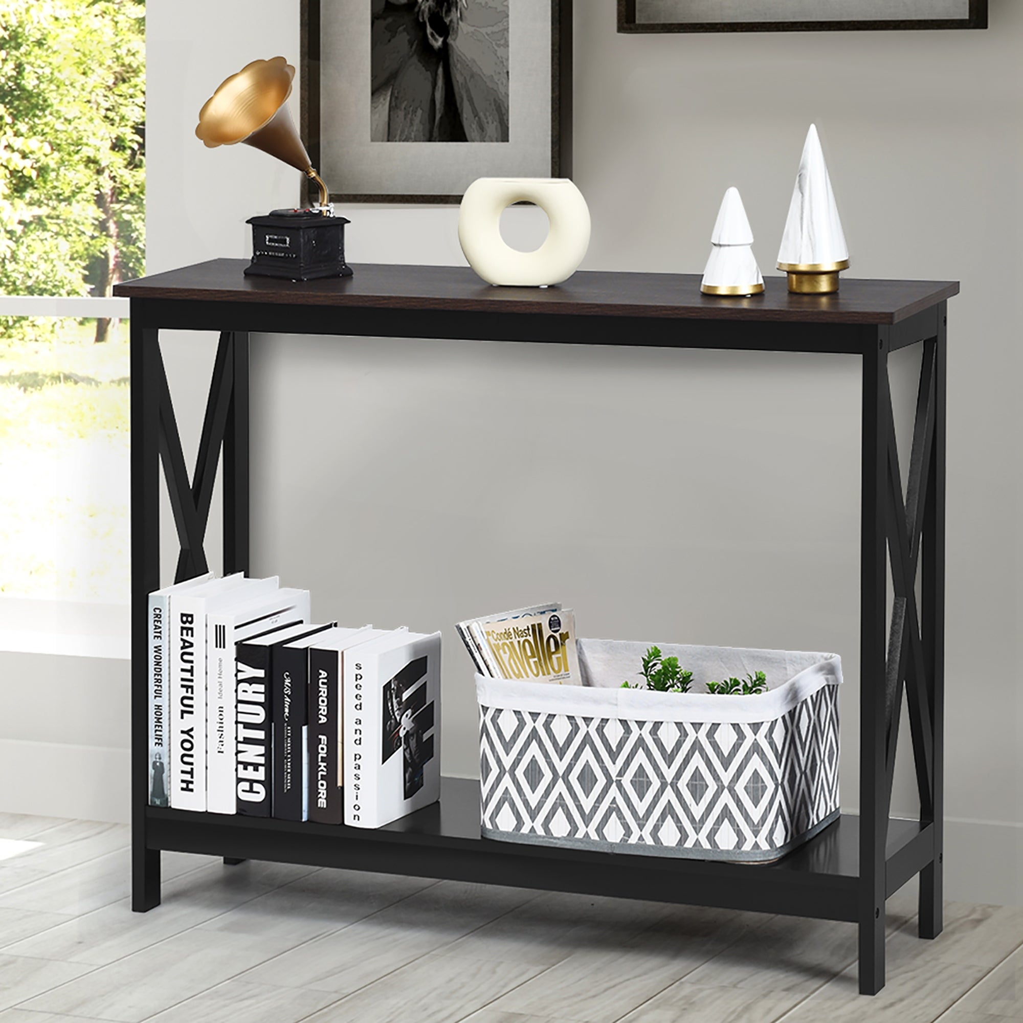 Costway 2-Tier Console Table x-Design Bookshelf Sofa Side Accent Table