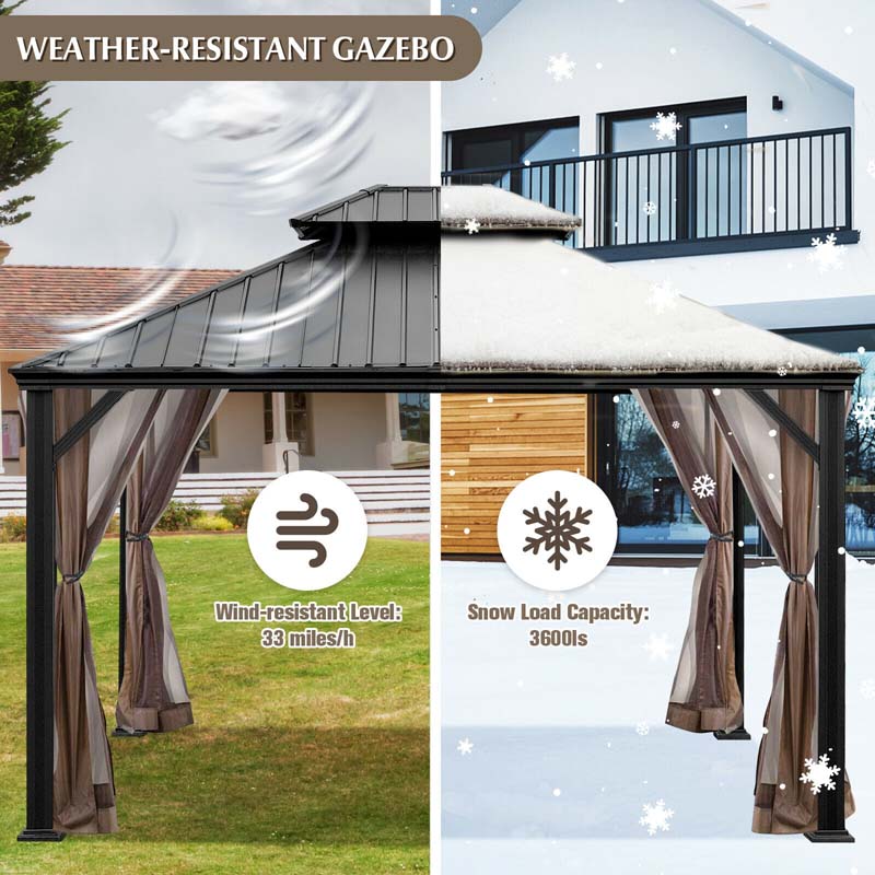 12 x 10 FT Hardtop Gazebo with Netting & Central Hook, 2-Tier Outdoor Patio Metal Gazebo Canopy Tent