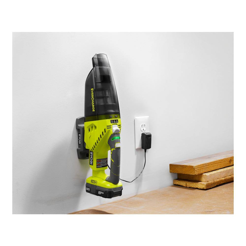 RYOBI ONE+ 18V Lithium-Ion Cordless EVERCHARGE Hand Vacuum Kit with 1.3 Ah Compact Battery and Wall AdaptorCharger P714K