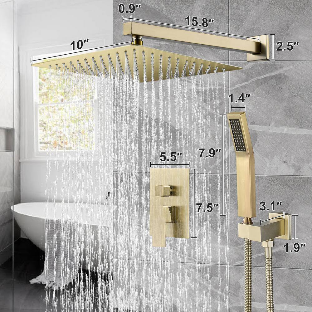 Heemli 10 in. Rainfall Single Handle 1-Spray Square Shower System 1.8 GPM with Pressure Balance in Gold Valve Included KH10G