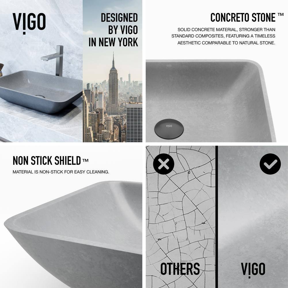 VIGO Duomo Gothic Gray Concreto Stone 18 in. L x 13 in. W x 4 in. H Rectangular Vessel Bathroom Sink VG04063