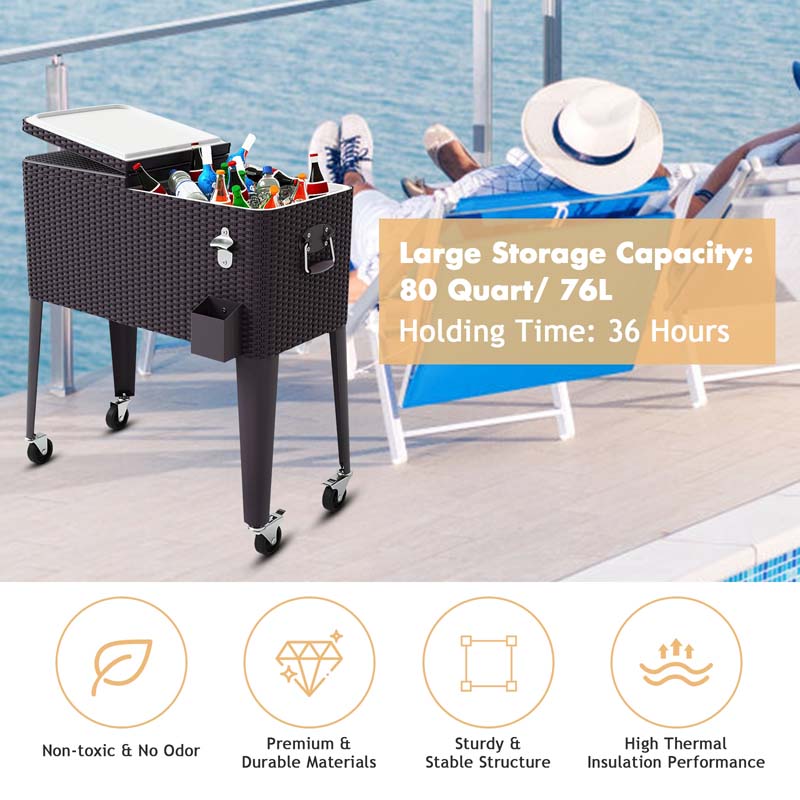 80 QT Rattan Outdoor Patio Rolling Beverage Wine Cooler Cart Portable Bar Cart with Bottle Opener & Cap Catcher