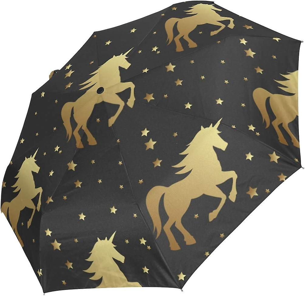 Travel Umbrella Automatic Windproof Foldable Umbrella Golden Unicorn Silhouette