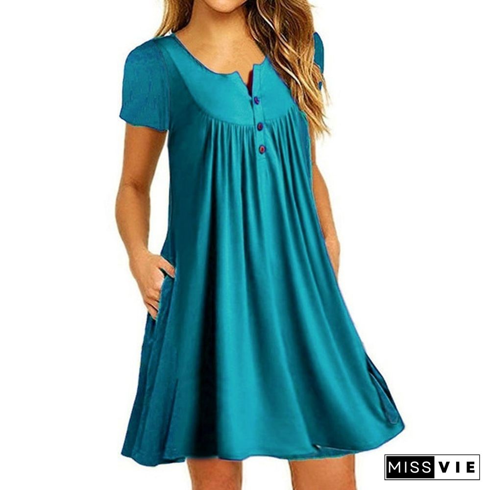 XS-8XL Plus Size Summer Women's Fashion Short Sleeve Cotton Tunic Dresses Casual Deep V-neck Mini Party Dress Pleated Solid Color Ruffles Pockets Beach Dress