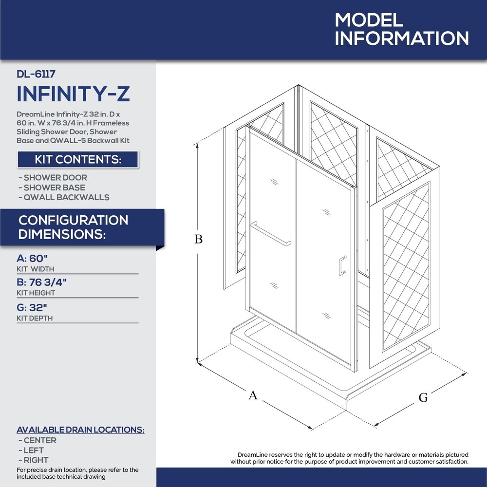 DreamLine Infinity Z 32 in. D x 60 in. W x 76 3/4 in. H Sliding Shower Door  Shower Base and Backwall Kit  Frosted Glass