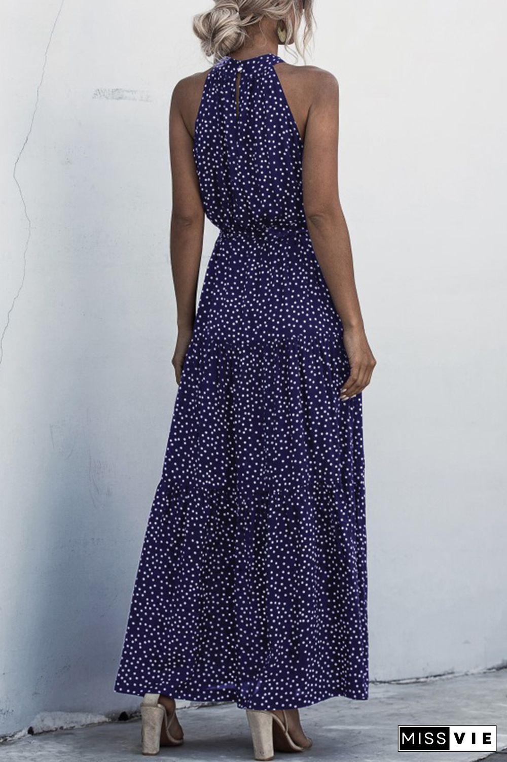 Halter Polka Dot Print Tie Waist Maxi Dress Wholesale