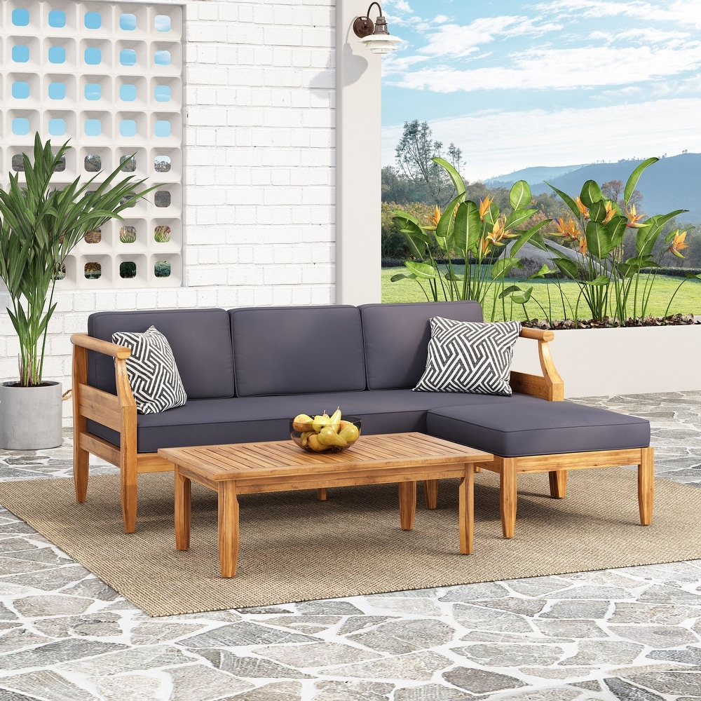 Aston Outdoor Outdoor Acacia Wood 3 Seater Sofa Chat Set with Ottoman by Christopher Knight Home