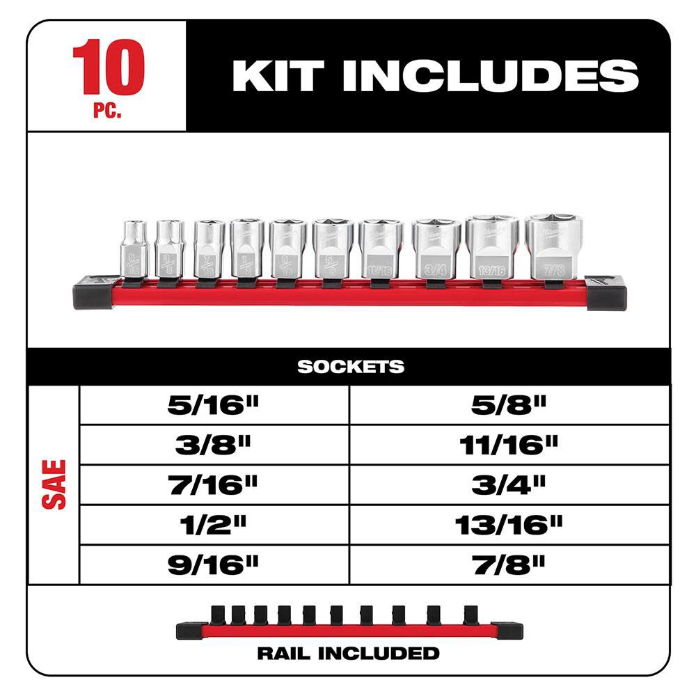 Milwaukee 10pc 3/8 in. SAE Sockets with FOUR FLAT Sides 48-22-9403 from Milwaukee