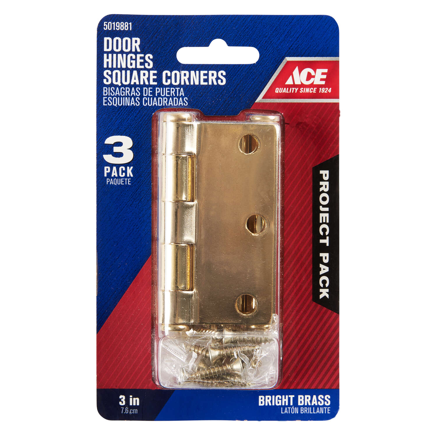 Ace 3 in. L Bright Brass Residential Door Hinge 3 pk