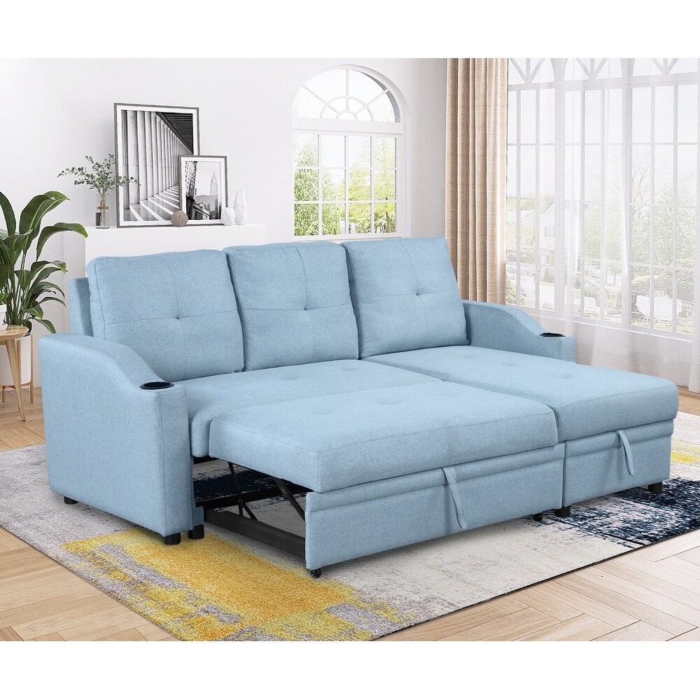 Pull Out Sofa Bed with Storage Chaise   Cup Holder