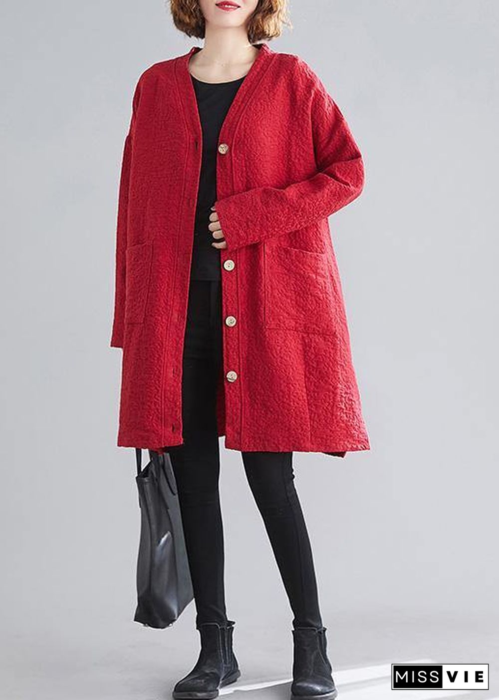 Classy v neck Button Fine Coats Women red daily outwear