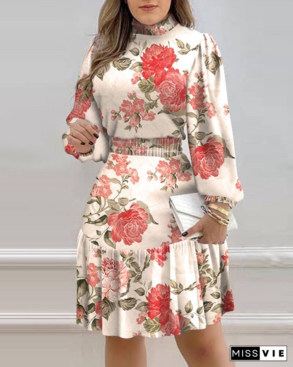 Floral Print Lantern Sleeve Shirred Ruffles Dress Long Sleeve Casual Midi Dress