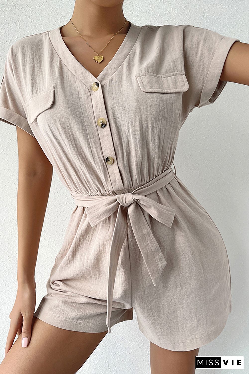 V-neck Short Sleeve Tie Waist Shorts Romper Wholesale