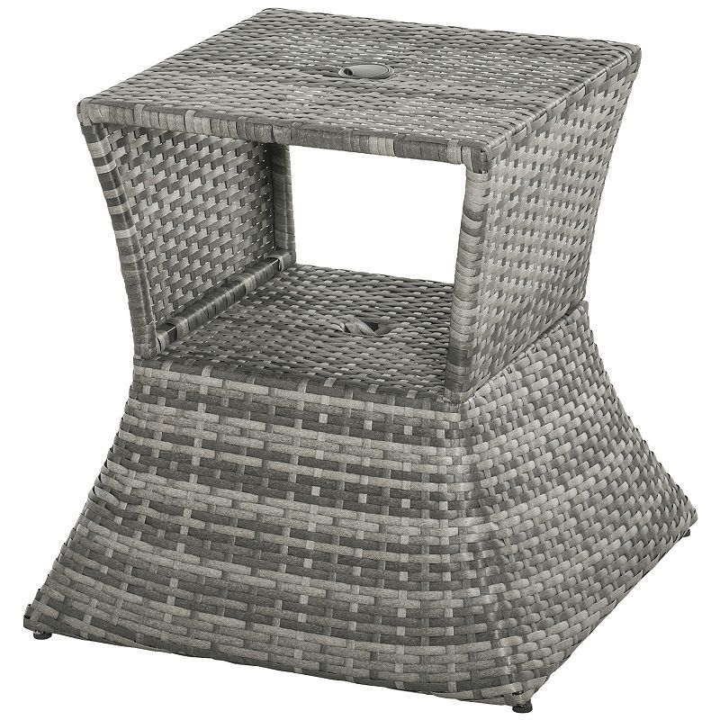 Outsunny Rattan Wicker Side Table with Umbrella Hole 2 Tier Storage Shelf for All Weather for Outdoor Patio Garden Backyard Mixed Grey