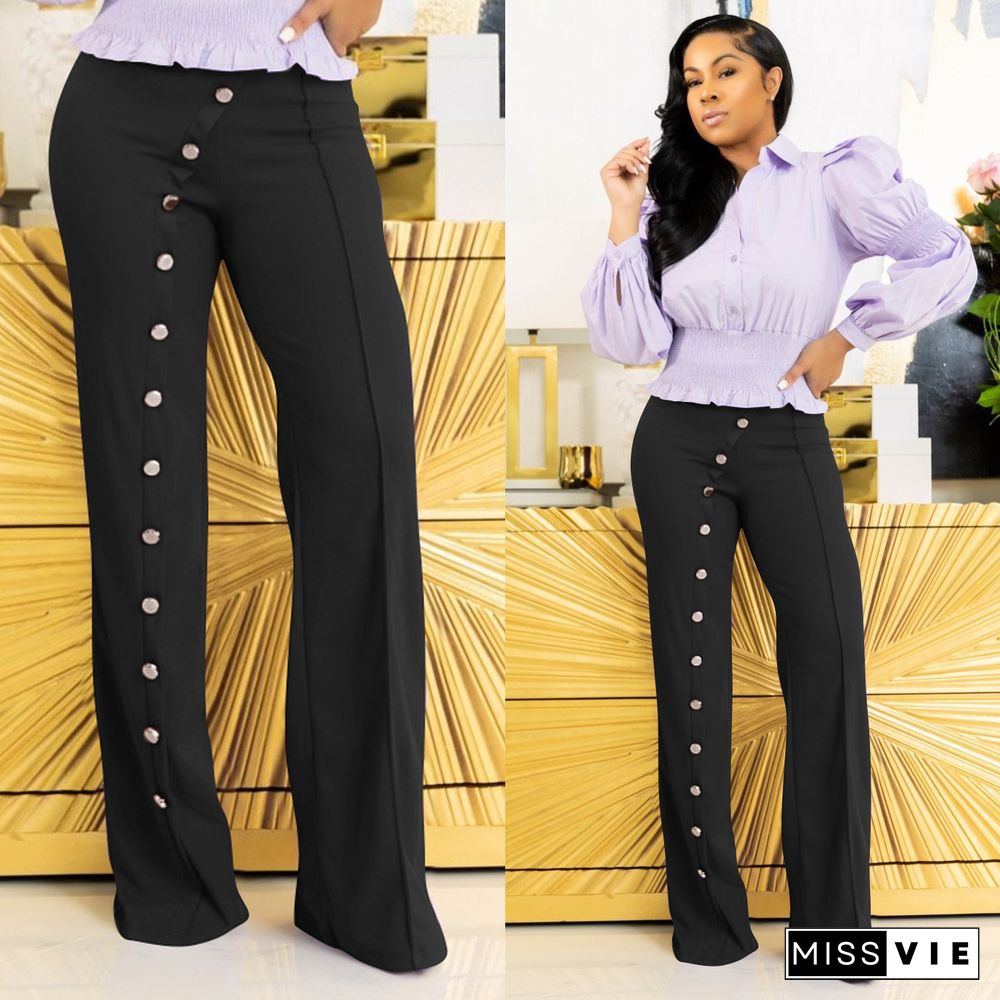 High Waist Solid Elastic Waist Flare Pants