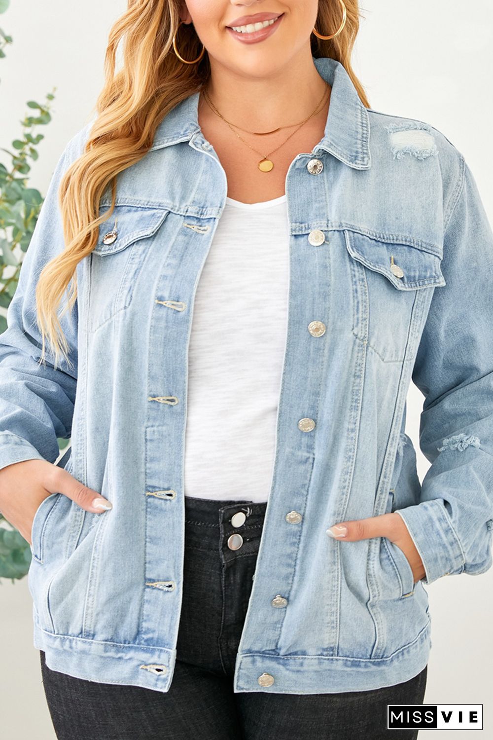 Light Blue Plus Size Washed Pocketed Denim Jacket