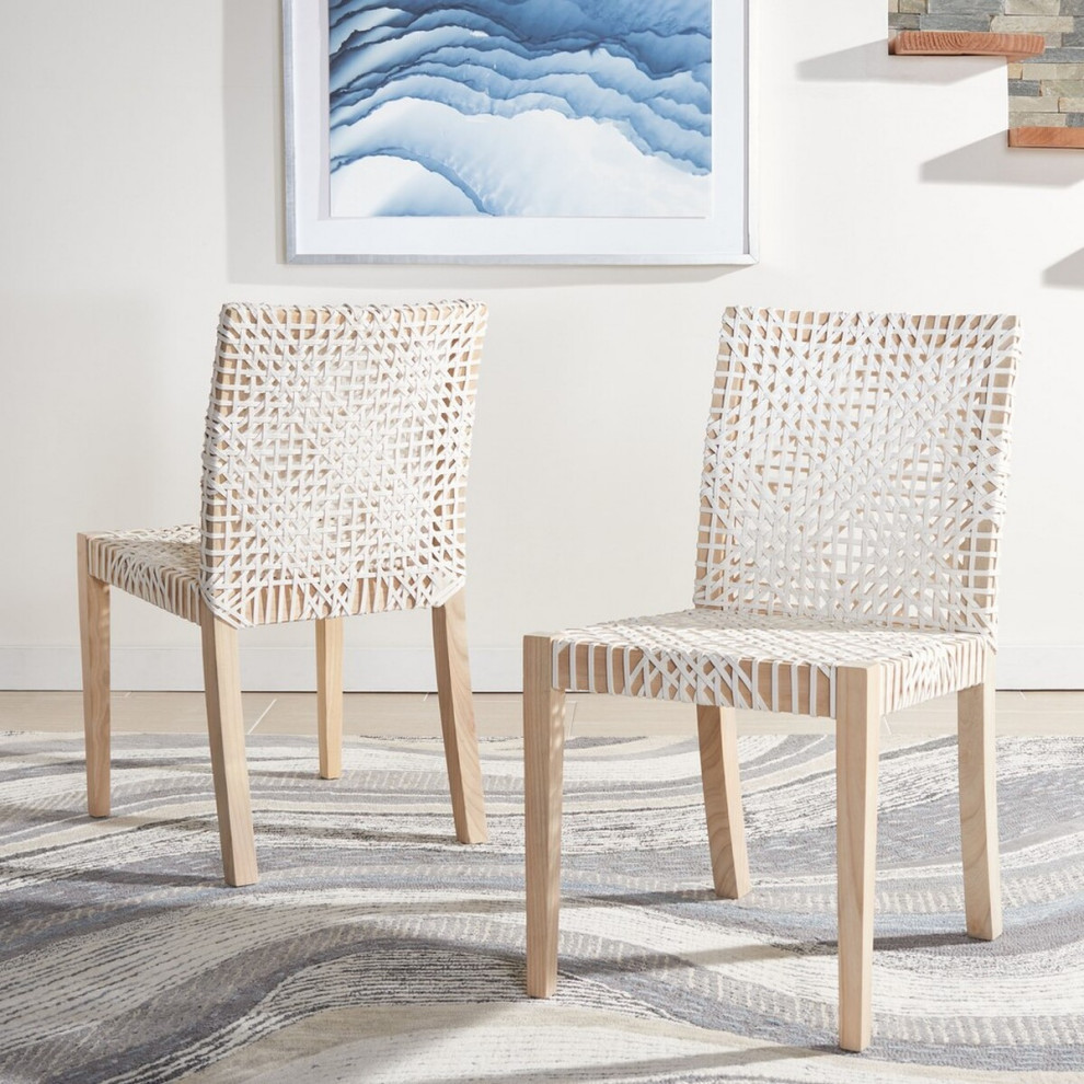 Orema Leather Dining Chair set of 2 White / Natural (teak)   Transitional   Dining Chairs   by Peachtree Fine Furniture  Houzz