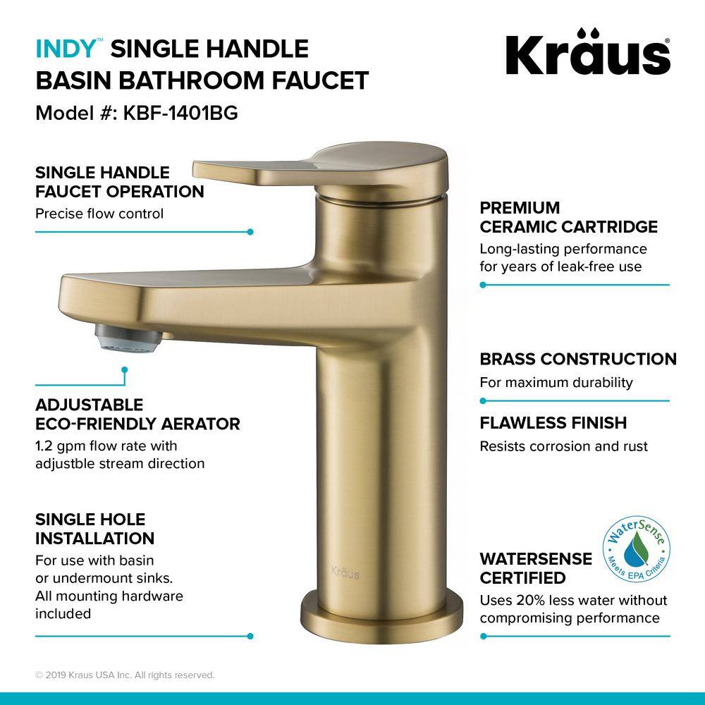 KRAUS Indy Single Handle Bathroom Faucet and Pop Up Drain with Overflow in Brushed Gold KBF-1401BG-PU-11BG