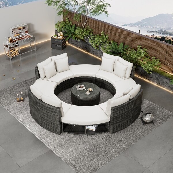 9Piece Outdoor Patio Furniture，Circular Outdoor Sofa Set with Tempered Glass Coffee Table