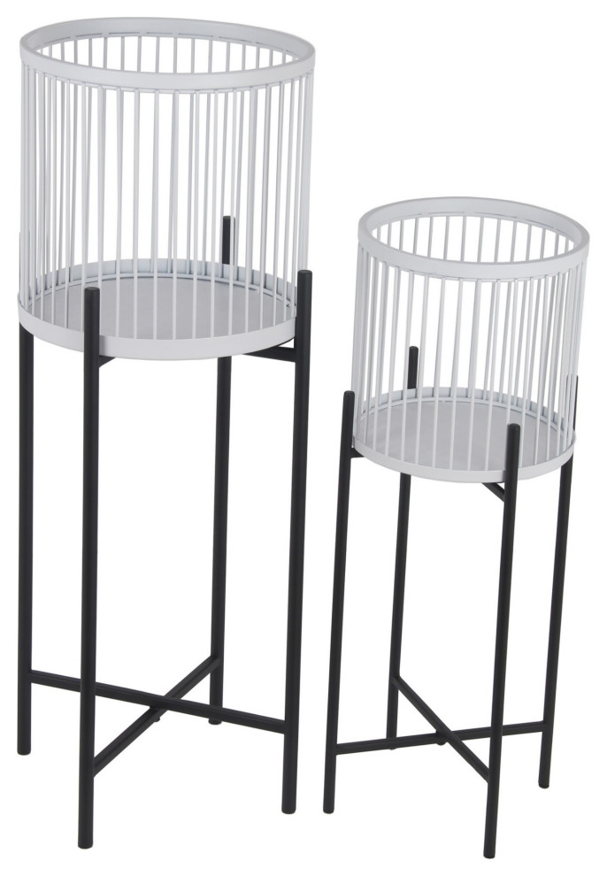 Cylindrical Cage Metal Frame Plant Stand With Tubular Legs  Set of 2  White   Transitional   Outdoor Pots And Planters   by Virventures  Houzz