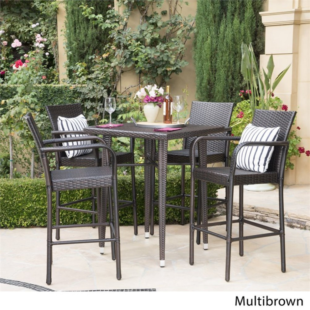 Noble House Colbin Outdoor 5 Pc Multi Brown Wicker 32.5 quotSquare Bar Table Set   Tropical   Outdoor Dining Sets   by Homesquare  Houzz